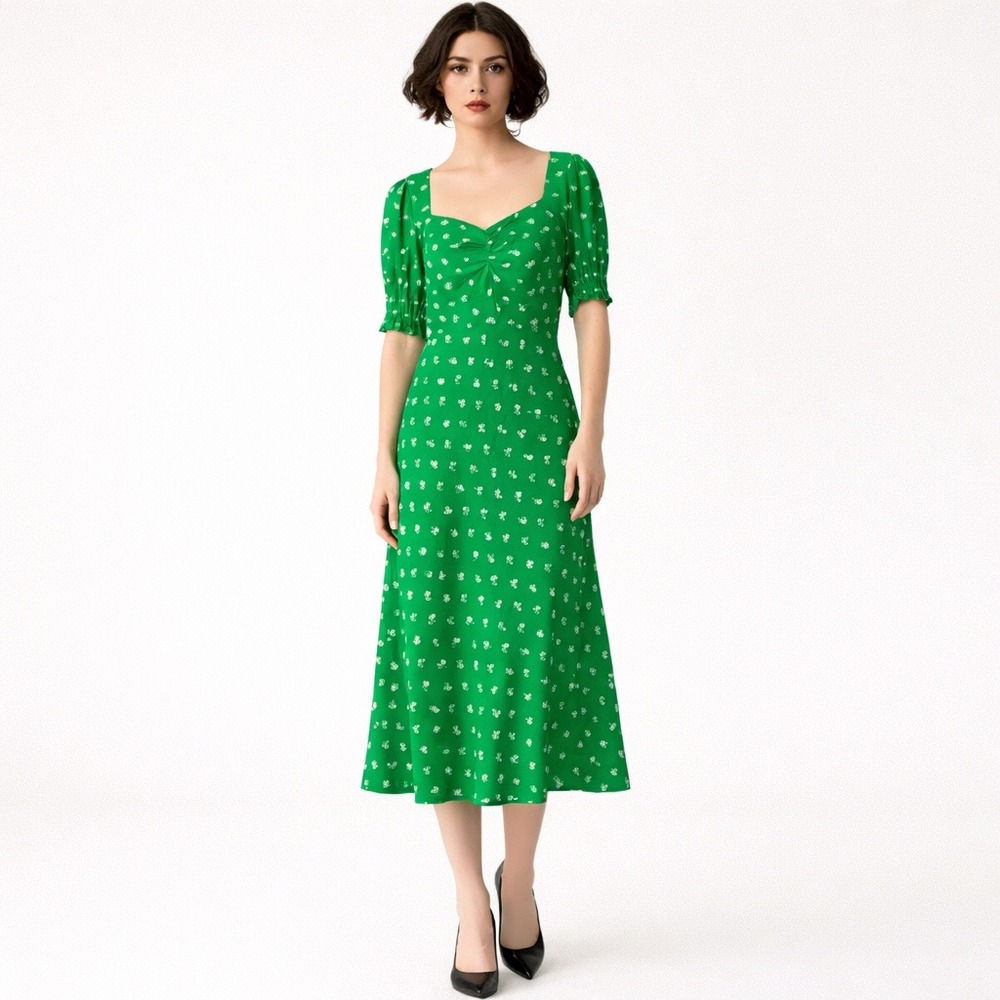 J.Crew Green Floral Ditsy Sweetheart Midi Dress Puff Sleeve 00 Smocked Cuff